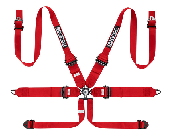 Sparco Red 6 Point Hans Compatible 3" to 2" Shoulder Straps Aluminum Pull Down Belts Race Safety Harness - 04818RHALPDRS