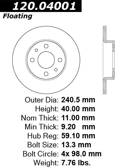 Centric Premium Rear Pair Brake Rotors 2014-2016 Fiat 500 C POP [Sub Models]- 120.04001 - (2016 2015 2014)