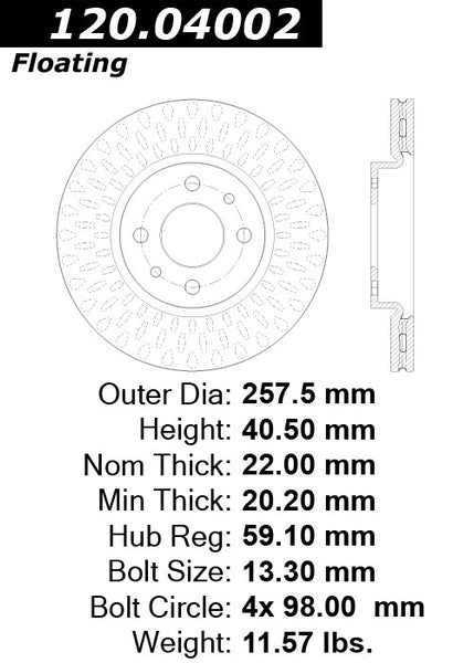 Centric Premium Front Pair Brake Rotors 2012-2013 Fiat 500 C LOUNGE - 120.04002 - (2013 2012)