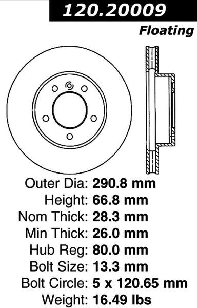 Centric Premium Front Pair Brake Rotors 1994-1994 Jaguar XJ6 [Front Ch# 667829]- 120.20009 - (1994)