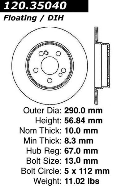 Centric Premium Rear Pair Brake Rotors 1996-1998 Mercedes-Benz SL500 [Solid Rear Disc]- 120.35040 - (1998 1997 1996)