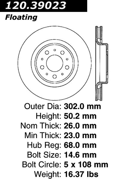 Centric Premium Front Pair Brake Rotors 1999-1999 Volvo V70 R AWD [302mm Front Disc]- 120.39023 - (1999)