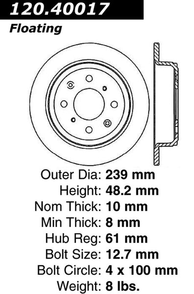 Centric Premium Rear Pair Brake Rotors 1994-1997 Honda CIVIC DEL SOL [4-Wheel ABS; Rear Disc Brakes;]- 120.40017 - (1997 1996 1995 1994)