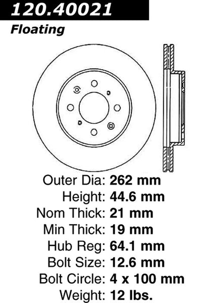 Centric Premium Front Pair Brake Rotors 1997-2001 Acura INTEGRA GS-R - 120.40021 - (2001 2000 1999 1998 1997)