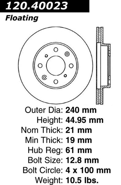 Centric Premium Front Pair Brake Rotors 1994-1997 Honda CIVIC DEL SOL SI [Non-ABS; Rear Disc Brakes;]- 120.40023 - (1997 1996 1995 1994)