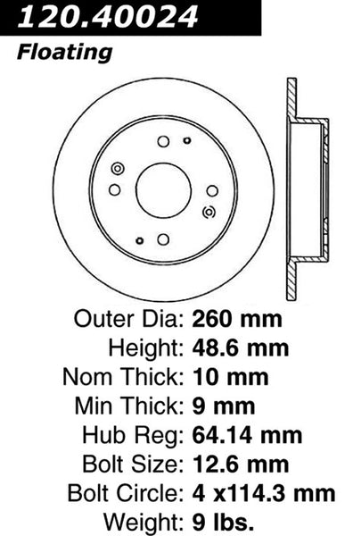 Centric Premium Rear Pair Brake Rotors 1997-1997 Honda ACCORD L4 2.2 [Sedan; Rear Disc Brakes;]- 120.40024 - (1997)