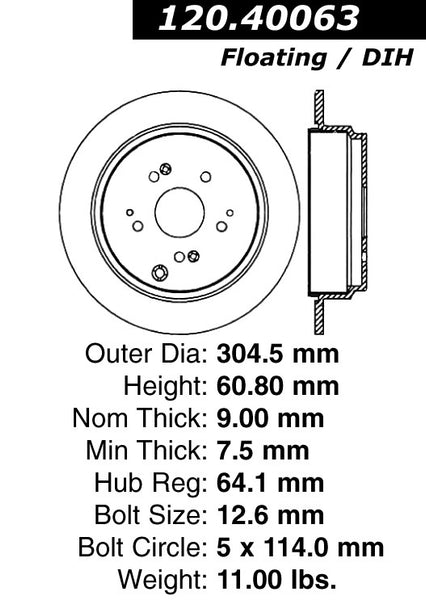 Centric Premium Rear Pair Brake Rotors 2005-2016 Honda CR-V - 120.40063 - (2016 2015 2014 2013 2012 2011 2010 2009 2008 2007 2006 2005)