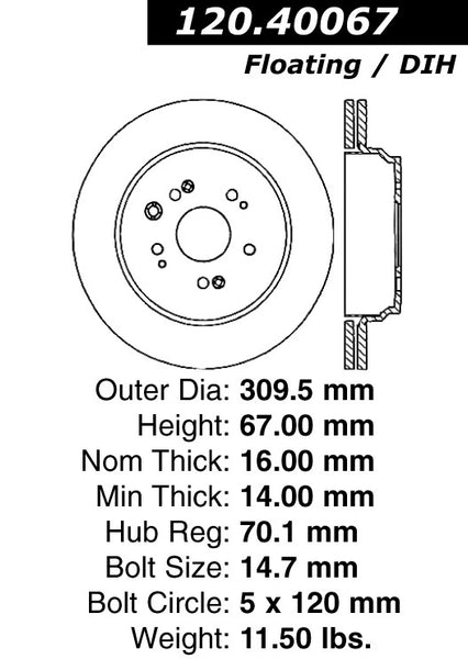 Centric Premium Rear Pair Brake Rotors 2005-2012 Acura RL - 120.40067 - (2012 2011 2010 2009 2008 2007 2006 2005)