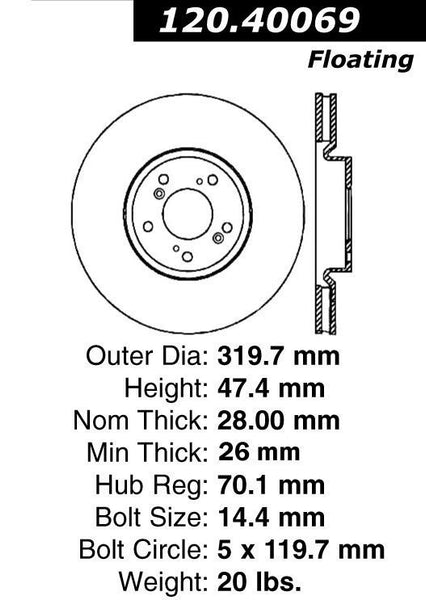 Centric Premium Front Pair Brake Rotors 2006-2014 Honda RIDGELINE - 120.40069 - (2014 2013 2012 2011 2010 2009 2008 2007 2006)