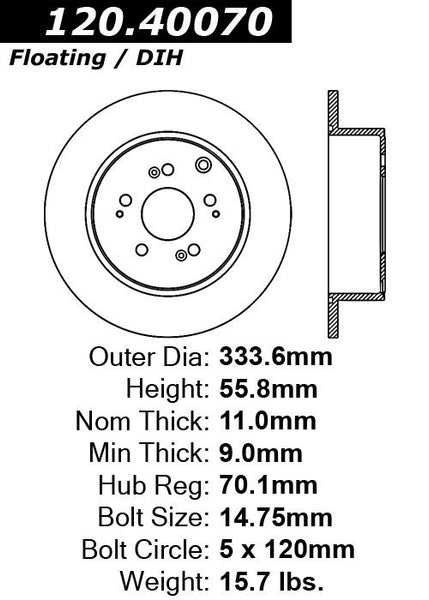 Centric Premium Rear Pair Brake Rotors 2006-2014 Honda RIDGELINE - 120.40070 - (2014 2013 2012 2011 2010 2009 2008 2007 2006)