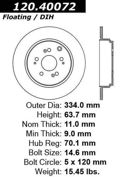 Centric Premium Rear Pair Brake Rotors 2010-2013 Acura ZDX - 120.40072 - (2013 2012 2011 2010)