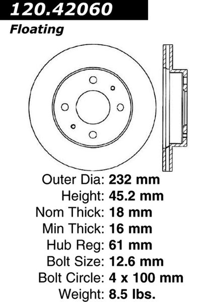 Centric Premium Front Pair Brake Rotors 1999-1999 Nissan SENTRA XE L4 1.6 [To 12/99]- 120.42060 - (1999)