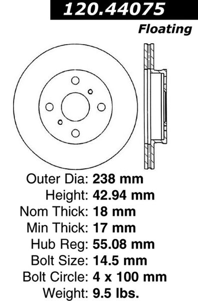 Centric Premium Front Pair Brake Rotors 1991-1998 Toyota TERCEL - 120.44075 - (1998 1997 1996 1995 1994 1993 1992 1991)