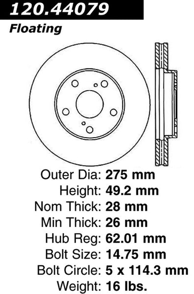 Centric Premium Front Pair Brake Rotors 1999-2003 Toyota SOLARA - 120.44079 - (2003 2002 2001 2000 1999)