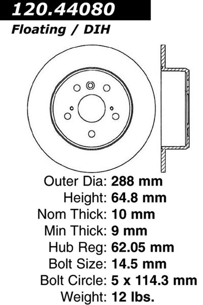 Centric Premium Rear Pair Brake Rotors 1999-2003 Lexus RX300 [FWD;]- 120.44080 - (2003 2002 2001 2000 1999)