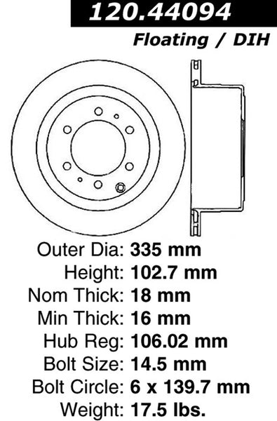 Centric Premium Rear Pair Brake Rotors 1994-1994 Toyota LAND CRUISER [To 12/94 Production Date; Rear Disc Brakes;]- 120.44094 - (1994)