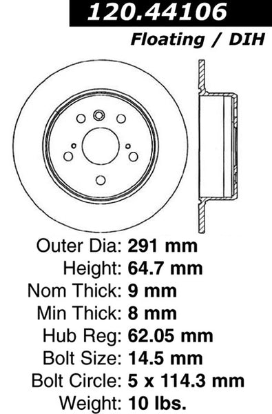 Centric Premium Rear Pair Brake Rotors 1995-1999 Toyota AVALON - 120.44106 - (1999 1998 1997 1996 1995)