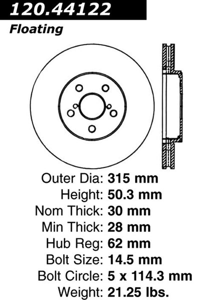 Centric Premium Front Pair Brake Rotors 2001-2006 Lexus LS430 - 120.44122 - (2006 2005 2004 2003 2002 2001)