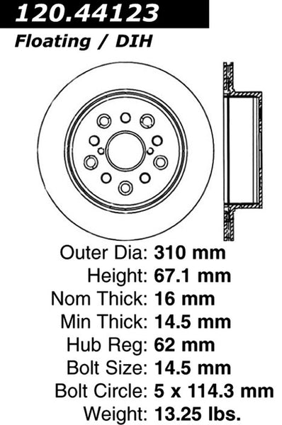 Centric Premium Rear Pair Brake Rotors 2001-2006 Lexus LS430 - 120.44123 - (2006 2005 2004 2003 2002 2001)