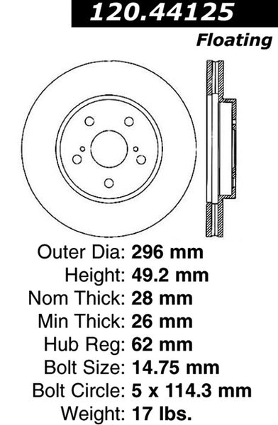 Centric Premium Front Pair Brake Rotors 2014-2015 Lexus IS250 [Convertible; Canada Spec]- 120.44125 - (2015 2014)