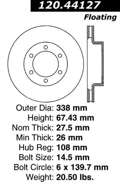 Centric Premium Front Pair Brake Rotors 2003-2009 Toyota 4RUNNER [338mm Front Disc]- 120.44127 - (2009 2008 2007 2006 2005 2004 2003)