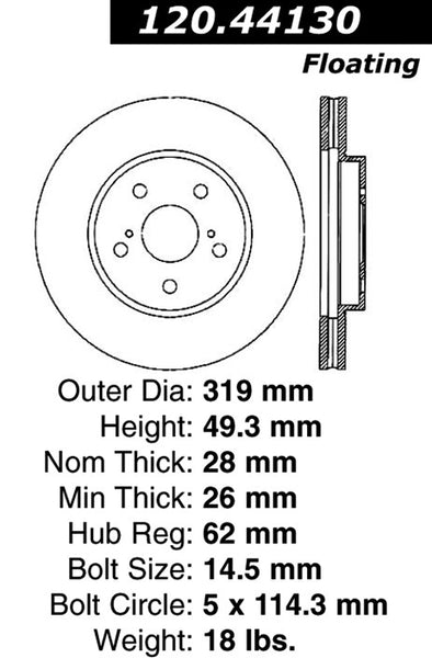 Centric Premium Front Pair Brake Rotors 2007-2009 Lexus RX350 - 120.44130 - (2009 2008 2007)