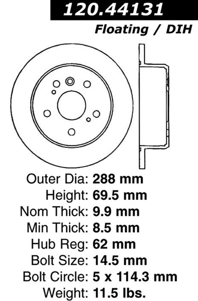 Centric Premium Rear Pair Brake Rotors 2007-2009 Lexus RX350 - 120.44131 - (2009 2008 2007)