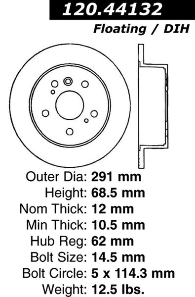 Centric Premium Rear Pair Brake Rotors 2004-2010 Toyota SIENNA [Rear Disc Brakes;]- 120.44132 - (2010 2009 2008 2007 2006 2005 2004)