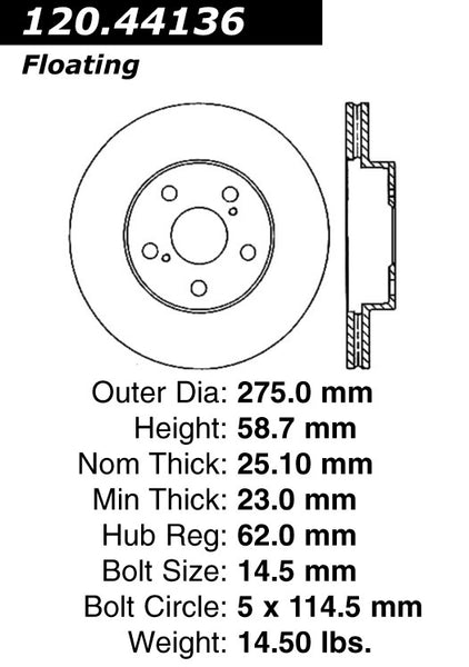 Centric Premium Front Pair Brake Rotors 2005-2015 Toyota TACOMA [RWD; 5 Lug]- 120.44136 - (2015 2014 2013 2012 2011 2010 2009 2008 2007 2006 2005)