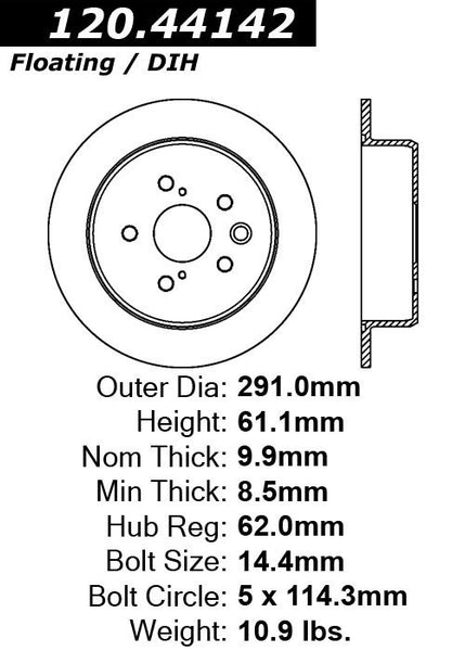 Centric Premium Rear Pair Brake Rotors 2011-2013 Lexus IS250 [Sedan; Excl Sport Susp]- 120.44142 - (2013 2012 2011)