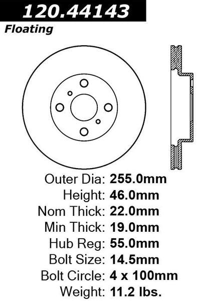 Centric Premium Front Pair Brake Rotors 2012-2015 Toyota YARIS [Rear Drum Brakes;]- 120.44143 - (2015 2014 2013 2012)