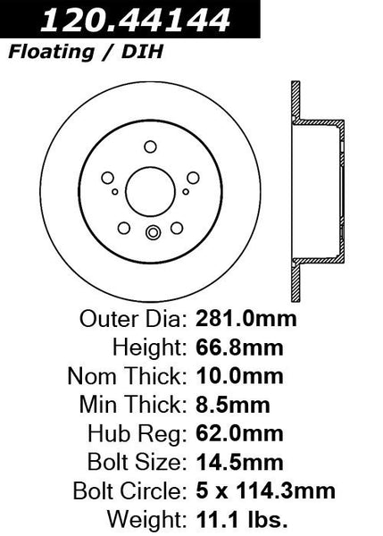 Centric Premium Rear Pair Brake Rotors 2008-2012 Toyota AVALON - 120.44144 - (2012 2011 2010 2009 2008)