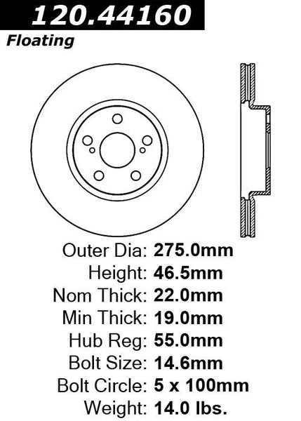 Centric Premium Front Pair Brake Rotors 2009-2013 Toyota MATRIX L4 1.8 - 120.44160 - (2013 2012 2011 2010 2009)