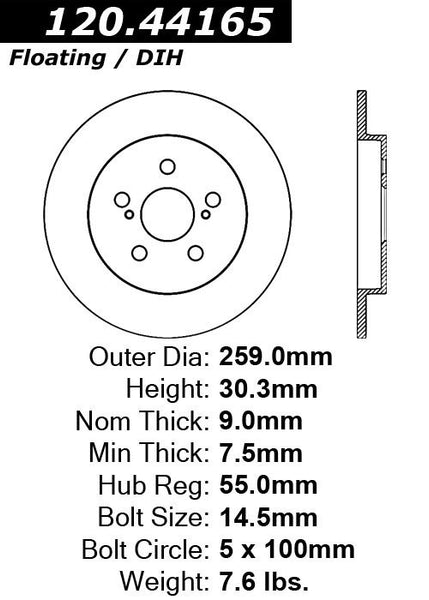 Centric Premium Rear Pair Brake Rotors 2009-2013 Toyota MATRIX L4 1.8 - 120.44165 - (2013 2012 2011 2010 2009)