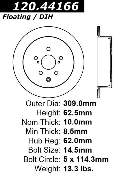 Centric Premium Rear Pair Brake Rotors 2010-2014 Lexus RX450H - 120.44166 - (2014 2013 2012 2011 2010)