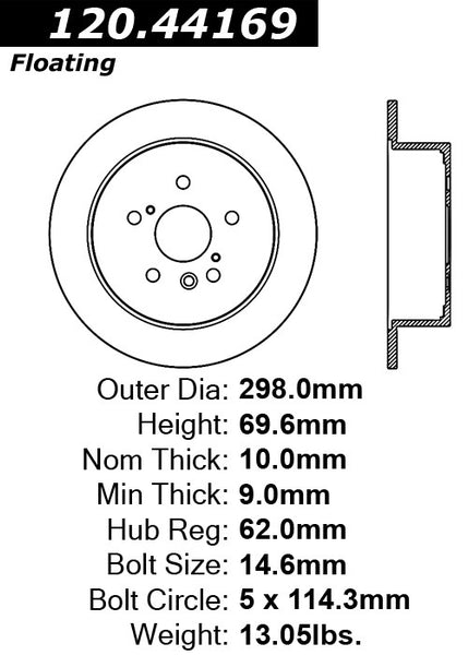 Centric Premium Rear Pair Brake Rotors 2009-2015 Toyota VENZA - 120.44169 - (2015 2014 2013 2012 2011 2010 2009)