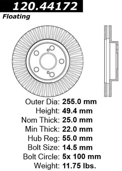 Centric Premium Front Pair Brake Rotors 2010-2014 Toyota PRIUS - 120.44172 - (2014 2013 2012 2011 2010)