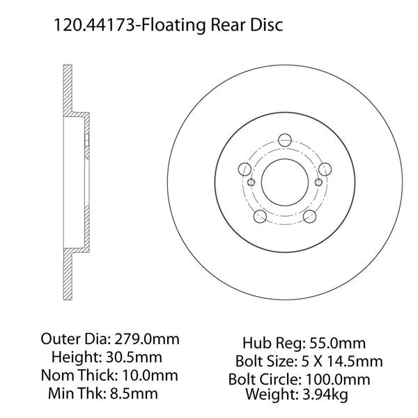 Centric Premium Rear Pair Brake Rotors 2011-2016 Lexus CT200H [279mm dia Rear Disc]- 120.44173 - (2016 2015 2014 2013 2012 2011)