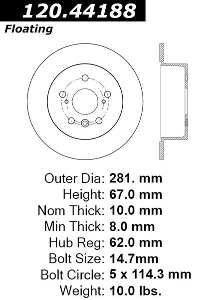 Centric Premium Rear Pair Brake Rotors 2012-2016 Toyota CAMRY - 120.44188 - (2016 2015 2014 2013 2012)