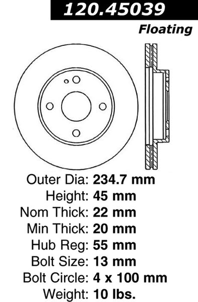 Centric Premium Front Pair Brake Rotors 1992-1994 Mazda PROTEGE [SOHC; Front Caliper Cast# 22-13]- 120.45039 - (1994 1993 1992)