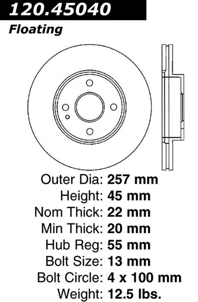 Centric Premium Front Pair Brake Rotors 1997-1998 Mazda PROTEGE L4 1.8 [Front Caliper Cast# 22-14]- 120.45040 - (1998 1997)