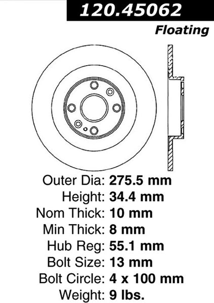 Centric Premium Rear Pair Brake Rotors 2001-2002 Mazda MIATA [Sport / Hard Susp]- 120.45062 - (2002 2001)