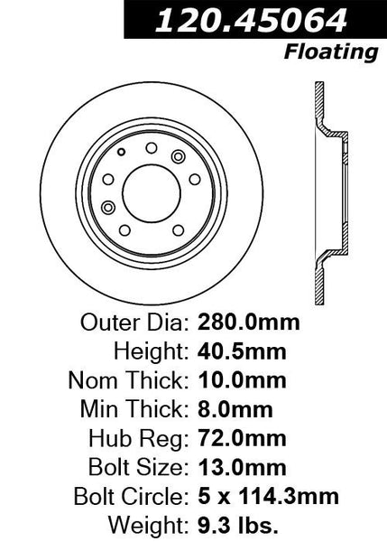 Centric Premium Rear Pair Brake Rotors 1998-2002 Mazda 626 V6 2.5 [Rear Disc Brakes;]- 120.45064 - (2002 2001 2000 1999 1998)