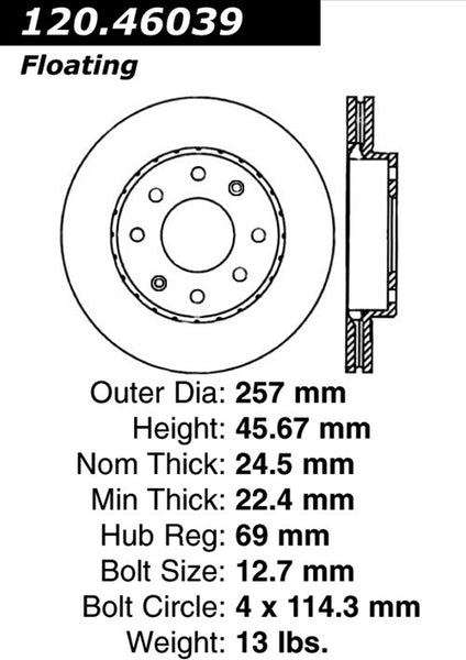 Centric Premium Front Pair Brake Rotors 2006-2006 Mitsubishi LANCER ES [4-Wheel ABS; Rear Drum Brakes;]- 120.46039 - (2006)