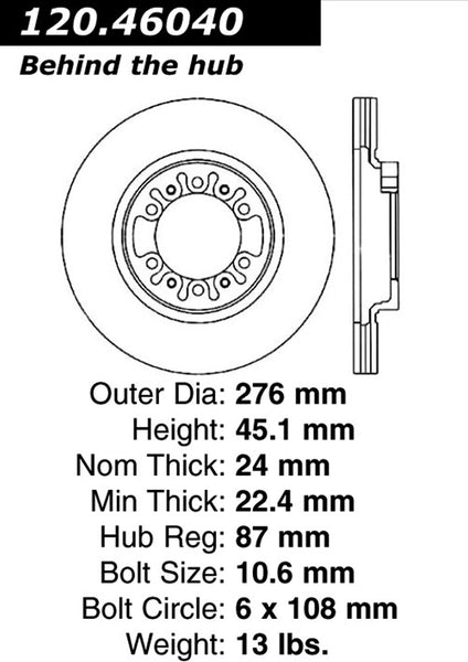 Centric Premium Front Pair Brake Rotors 2000-2004 Mitsubishi MONTERO SPORT [276mm Front Disc]- 120.46040 - (2004 2003 2002 2001 2000)