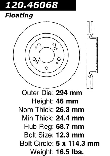 Centric Premium Front Pair Brake Rotors 2004-2009 Mitsubishi GALANT V6 3.8 - 120.46068 - (2009 2008 2007 2006 2005 2004)