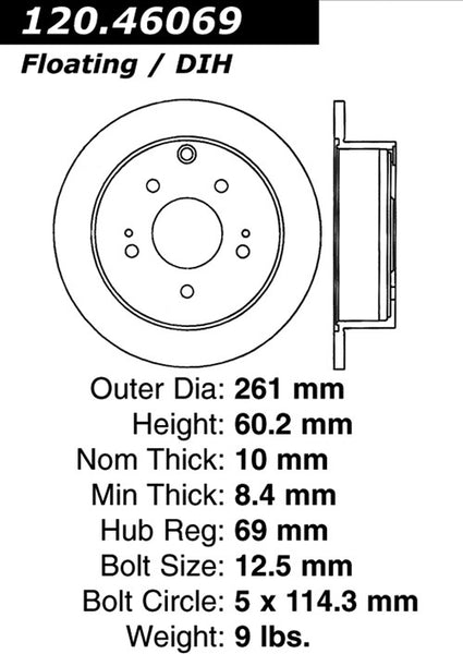 Centric Premium Rear Pair Brake Rotors 2007-2009 Mitsubishi GALANT L4 2.4 - 120.46069 - (2009 2008 2007)