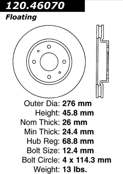 Centric Premium Front Pair Brake Rotors 2004-2004 Mitsubishi LANCER SPORTBACK [4 Lug]- 120.46070 - (2004)