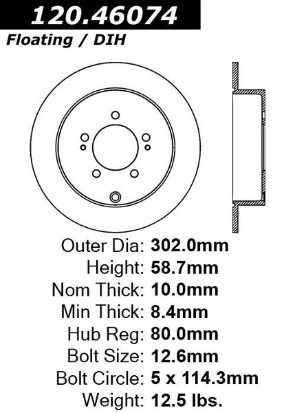 Centric Premium Rear Pair Brake Rotors 2012-2015 Mitsubishi OUTLANDER L4 2.4 [AWD;]- 120.46074 - (2015 2014 2013 2012)