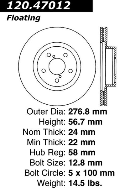 Centric Premium Front Pair Brake Rotors 2005-2011 Subaru IMPREZA OUTBACK SPORT - 120.47012 - (2011 2010 2009 2008 2007 2006 2005)